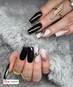 Long Coffin Black And Milky White Nails With Gold Glitter
