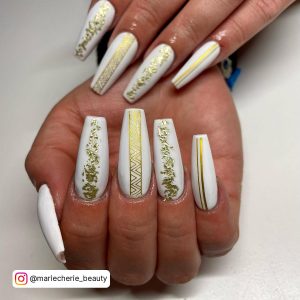Long Coffin White Marble Nails With Golden Stripes And Gold Foils