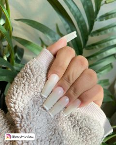 Long Milky White Coffin Nails With Thin White Tips
