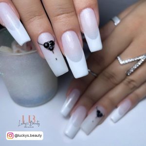 Long Milky White Nails With Square Tips And White French Tips And Black Design