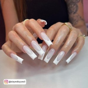 Long Milky White Square Tip Nails With White French Tips