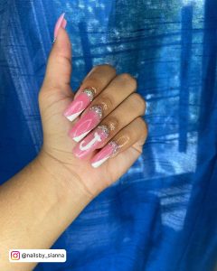 Long Pink And White Nails With Nail Art