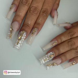 Long Square Nails With White Fogg And Gold Rhinestones