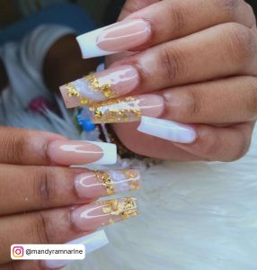 Long Square Nude Nails With White, White Tips, And Gold Flakes