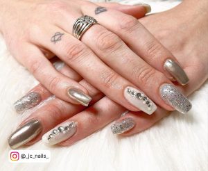 Long Square Tip Nails With White Nails, Silver Glitter Nails And Silver Chrome Nails