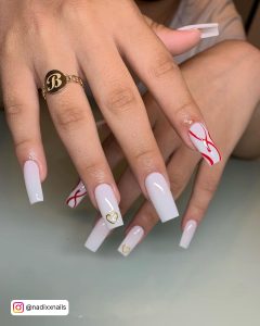 Long Square Tip White Nails With Red Line Design On One Nail