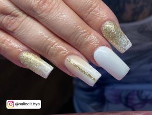 Long Square White And Gold Ombre Nails With Gold Glitter And Stripes