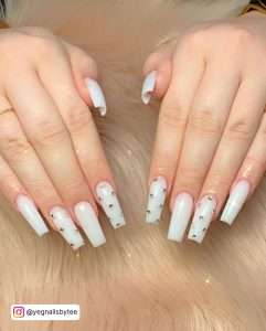 Long White Coffin Square Tip Nails With Small Silver Gems On Two Fingers