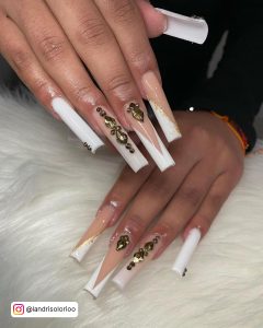 Long White French Tip Square Nails With V Shape And Rhinestones