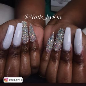 Long White Nails With Diamonds