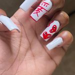 Long White Square Nails With Red Love Designs