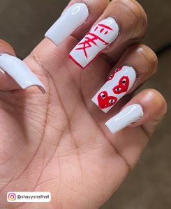 Long White Square Nails With Red Love Designs