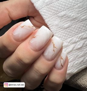 Marble Nails Pink And White Along With Golden Lines