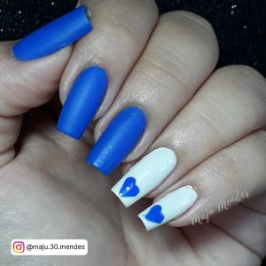 Matte Royal And White Nails With Blue Heart