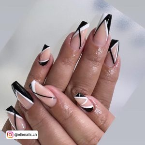 Medium-Length Coffin Black And White Acrylic Nails With French Tips Of Different Designs - Half, Complete, And Pure Black Lined With Whites