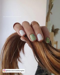 Milky White And Sage Green Square-Tip Nails With Gold Curved Line On The Sage Green Nails