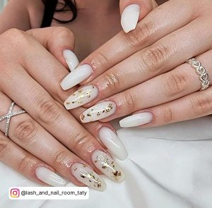 Milky White Nails With Gold Flakes