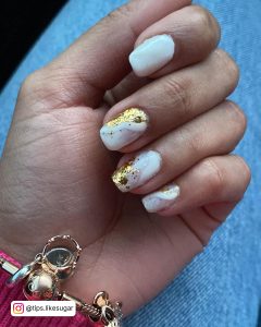Milky White Nails With Gold Glitter And Light Pink Shade