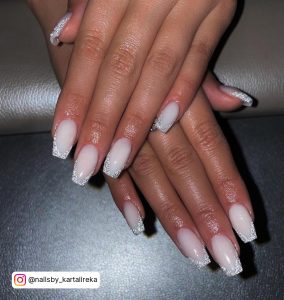 Milky White Square Tip Nails With Silver Glitter Tips