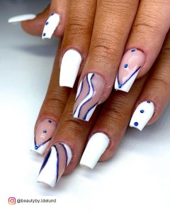 Mix-N-Match Pink Blue And White Nails With Abstracts, Geometric Design, French Tips, Stones, And Polka Dots