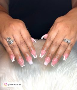 Mixed Frenchies White Acrylic Nail Design With Ombre, Thin, And V Tips Over White Fur