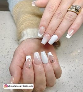 Multi-Design Ombré White Coffin Nails On Marble Surface M