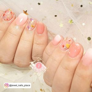 Natural Flowery Pink And White Ombre Nails Short Over White Net Material