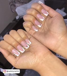 Nude And White Coffin Nails With Diamonds