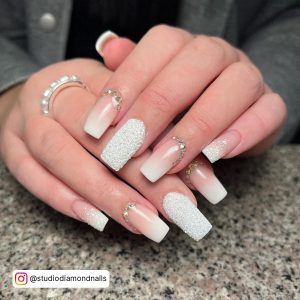 Nude And White Ombre Nails With Glittery Effect