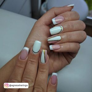 Nude And White Square Nails With Gold Stripes And White Tips