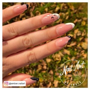 Nude Black And White French Tip Mama With Moon And Star Design With Grasses Background