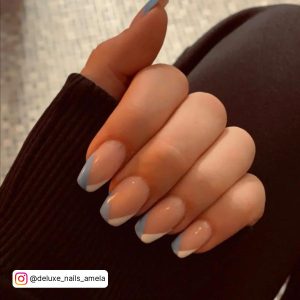 Nude, Blue And White French Nails