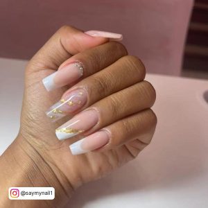 Nude Coffin Nails With White Tips And Gold Flakes