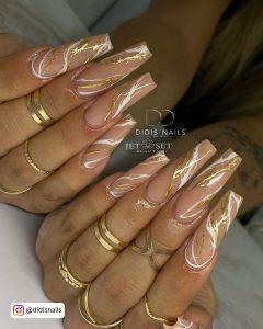 Nude Long Coffin Nails With White And Marble Design