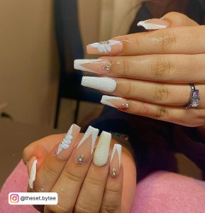 Nude Nails White Design With Diamonds For Brides