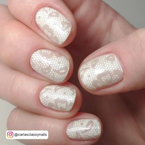 Nude Nails With White Design On Short Nails