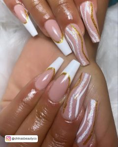 Nude, White And Gold Square Tip Coffin Nails With French Tip And Swirl Designs