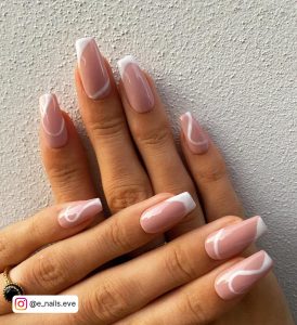 Nude White Coffin Nails With Swirls