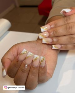 Nude With White Nails Tips And Golden Lines