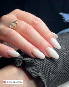 Oval Milky White Nails With Rose Gold Cuticle Glitter