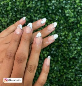 Oval Nails With White Tips And Silver Outline