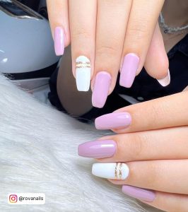 Pastel Purple N White Gel Nails Ideas With Golden Gitters
