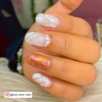 Pearl White Gel Nail Polish Design With Pink And Orange Colors