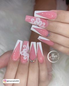 Pink And White Nails Coffin With Flower Designs And Diamonds