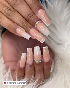 Pink And White Nails With Diamonds In Ombre
