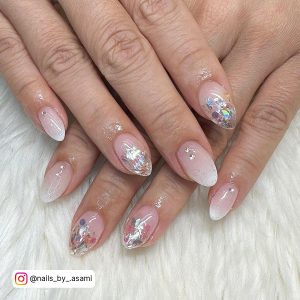 Pink And White Ombre Nails Almond With Silver Flakes Over White Fur