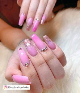 Pink And White Ombre Nails With Diamonds And Glitter