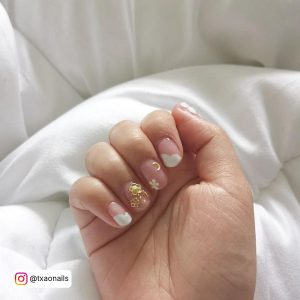 Pink Nails With White And Gold Designs