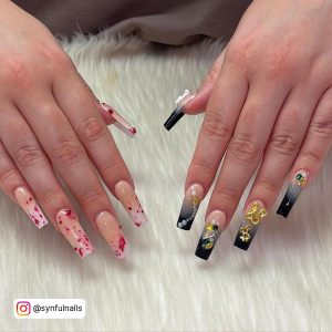 Playboy Black, Red, And White Ombre Nails With Rhinestones And Pearls Over White Fur
