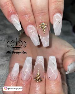 Rose Gold White Marble Nails With Diamonds